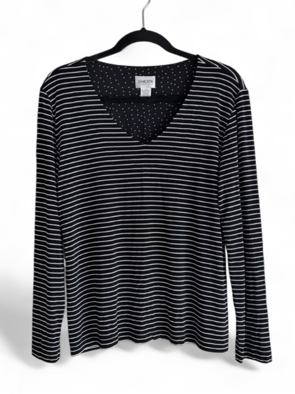 Chico's Travelers Black Striped V Neck Long Sleeve Shirt Size 1